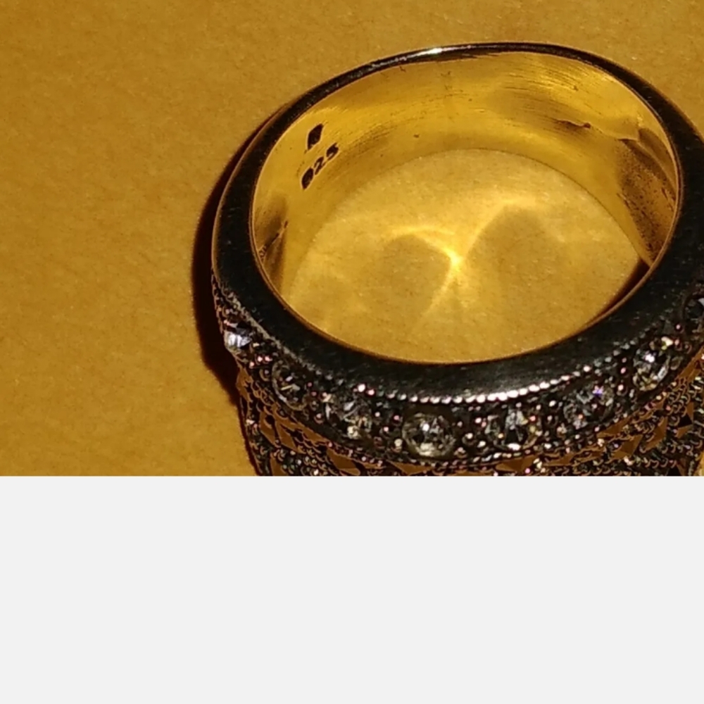 Big Vintage Sterling & Marcasite Ring, multi Row of Black&whi Diamond  Wide Band - Picture 5 of 10